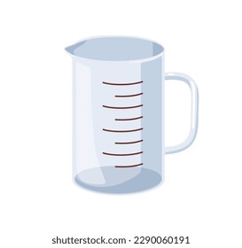 Cooking cup, measuring glass. Plastic jug, kitchen container for liquid volume measurement. Empty beaker, kitchenware, transparent mug. Flat cartoon vector illustration isolated on white background