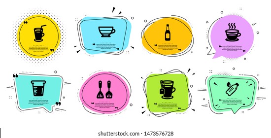 Cooking cutlery, Cooking beaker and Water bottle line icons set. Chat bubbles with quotes. Coffee cup, Cocktail and Tea signs. Beer, Americano symbols. Kitchen accessories, Water. Vector