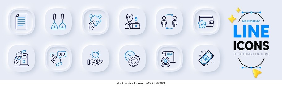 Cooking cutlery, Certificate and Workflow line icons for web app. Pack of Loyalty program, Hold heart, Puzzle pictogram icons. Businessman case, Time management, File signs. Bid offer. Vector