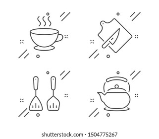 Cooking cutlery, Cutting board and Coffee cup line icons set. Teapot sign. Kitchen accessories, Knife, Hot drink. Tea kettle. Food and drink set. Line cooking cutlery outline icon. Vector