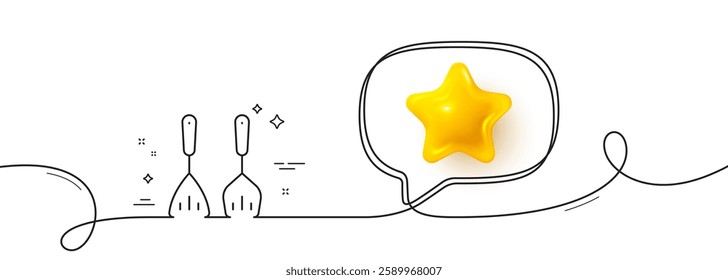 Cooking cutlery line icon. Continuous line with 3d star. Kitchen accessories sign. Food preparation symbol. 3d star in speech bubble. Cooking cutlery single line ribbon. Loop curve pattern. Vector