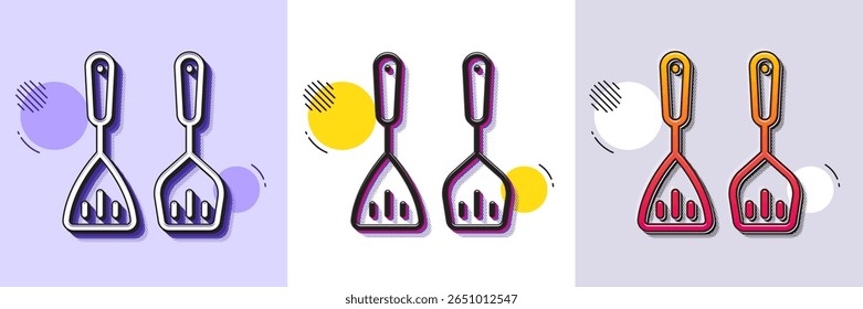 Ícone da linha de cutelaria de cozinha. Padrão pontilhado de meio-tom. Ícone de gradiente com sombra de grão. Sinal de acessórios de cozinha. Símbolo de preparação de alimentos. Ícone de talheres para cozinhar linha. Vários desenhos. Vetor