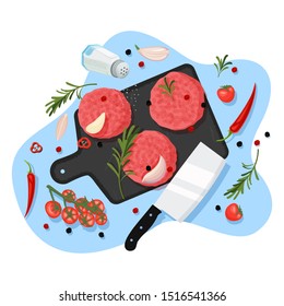 Cooking cutlets for burger, vector cartoon top view illustration. Black graphite cutting board, raw homemade cutlet, spices and ingredients on white background. Meat restaurant menu design elements.