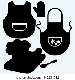 Cooking. Cutting board, chef hat and spoon, apron and potholder. Isolated on blue background. Vector silhouettes