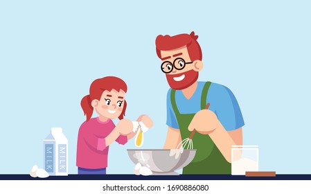 Cooking daddy and daughter, people making pastry semi flat RGB color vector illustration. Parent and child mixing dough ingredients, smiling family isolated cartoon characters on blue background