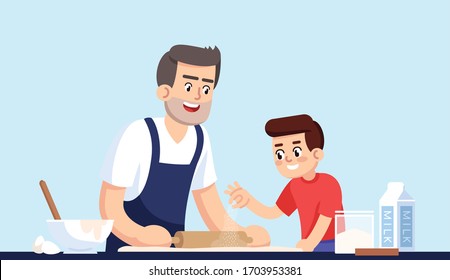 Cocinando papi e hijo, la gente desplegando la masa semiplana RGB ilustración vectorial color. Padres y niños con rodillos y harina aislados personajes de dibujos animados sobre fondo azul