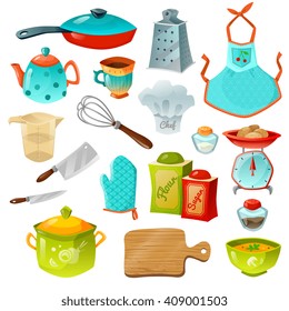 Cooking decorative icons set of kitchen utensils with frying pan pot teapot whisk scales apron and gloves isolated vector illustration 