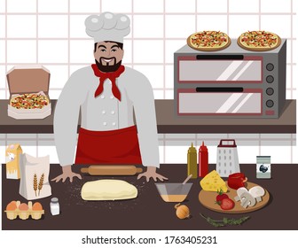 Cooking delicious pizza, cook, products, dough and flour, kitchen interior, stove.  Bright vector illustration. 