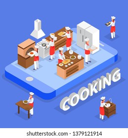 Cooking and delivery isometric composition with kitchen staff interior and smartphone concept3d vector illustration