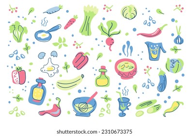 Cooking. Design elements of kitchen utensils and household appliances. Flat hand drawn illustrations. Colored clipart for cooking. Ingredients. Isolated scandinavian cartoon items. Sketch of kitchen 