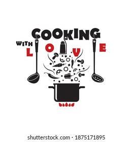 cooking design with kitchen utensils and pan isolated on white background