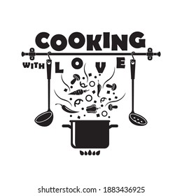 cooking design with kitchen utensils and pan isolated on white background