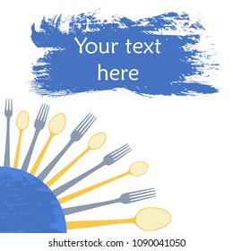 Cooking design template. Vector illustration. Painted background, spoons and forks, yellow, blue colors.