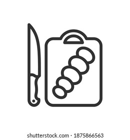 cooking desk with knife and sliced, linear icon. Editable stroke