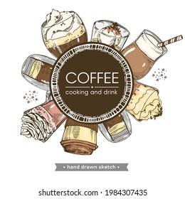 Cooking and different coffee drinks. Hand drawn sketch, vector illustration.