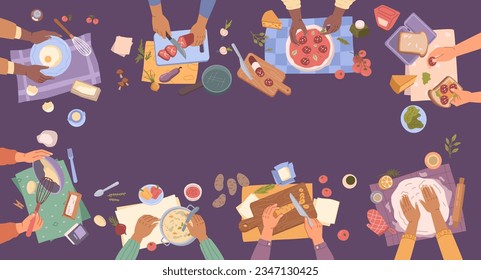 Cooking dinner, breakfast or lunch, hands preparing food, soup, pizza and vegetables flat cartoon vector illustration. Kitchen cooking utensils, frying eggs and making dough, baking processes