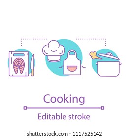 Cooking dinner concept icon. Food preparation idea thin line illustration. Meal time. Culinary. Cutting board with salmon fish, boiling stewpan, apron. Vector isolated outline drawing. Editable stroke