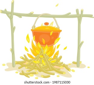 Cooking dinner in a small tourist pot boiling over burning campfire in a forest camp on summer vacation, vector cartoon illustration isolated on a white background