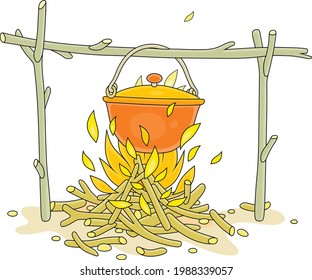 Cooking dinner in a small tourist pot boiling over burning campfire in a forest camp on summer vacation, vector cartoon illustration isolated on a white background