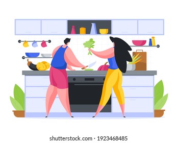 Cooking dinner together at home flat vector illustration. Male and female characters slicing salads and making snacks. Vegetable ingredients on kitchen table. Family cooking with good mood.