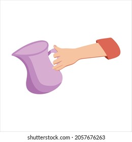 Cooking dish. Jug in the hand. Sketch. Hand holds a jug. flat style icons. Pouring milk from jug isolated vector illustration. Design for kitchens and cafes.