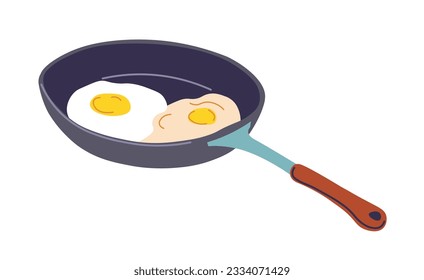 Cooking dish on breakfast, lunch or dinner. Isolated frying pan with eggs, making omelet at home. Homemade food and meal, natural and organic ingredients, dieting nutrition. Vector in flat style