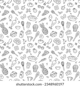 Cooking doodle black and white seamless pattern. Kitchen elements vector background. Cute repeat outline illustrations with utensils, kitchenware, food, meal ingredients. Fruits, vegetables, bakery