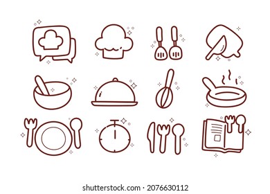 Cooking doodle icons kitchen utensils line food restaurant logo