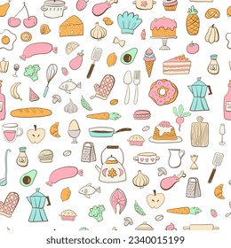 El doodle de cocina es un patrón sin fisuras. Estilo de contorno 