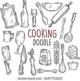 Cooking doodle set. Cooking utensil in sketch style. Hand drawn vector illustration isolated on  background