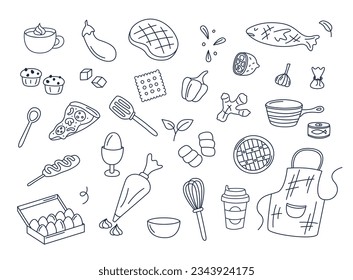 Cooking doodles vector set of isolated elements. Cute doodle illustrations collection of utensils, kitchenware, food, meal ingredients, kitchen objects. Fruits, vegetables, bakery on white background.