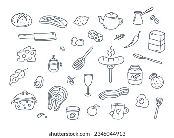 Cooking doodles vector set of isolated elements. Cute doodle illustrations collection of utensils, kitchenware, food, meal ingredients, kitchen objects. Fruits, meat, eggs, bakery on white background.