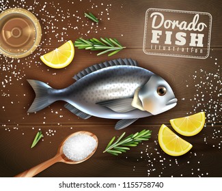 Cooking of dorado fish with spices, lemon and salt on wooden texture background vector illustration