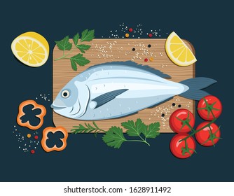 Cooking Dorado fish, vector illustration top view