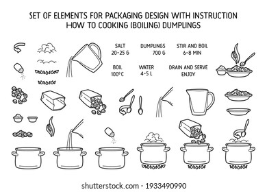 Cooking Dumplings. Lineart Icons For Instruction Culinary Dumpling