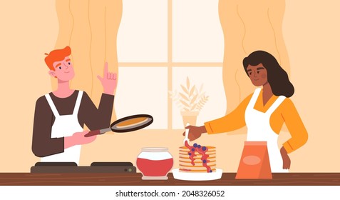 Cooking and Eating Homemade Pancakes. Man and woman together prepare delicious dessert with berries. Pastries for morning breakfast. Cartoon flat vector illustration isolated on beige background