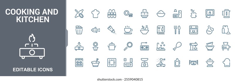 Cooking editable icons set. Vector illustration in thin line modern style of kitchen, and baking icons. Minimalist kitchen icon pack.