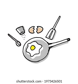 cooking egg illustration on white background. cooking on the saucepan with salt and pepper. hand drawn vector. doodle art for logo, label, cover, banner, poster, book recipe, advertising, magazine. 