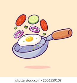 Cooking Egg On Pan Cartoon Vector Icon Illustration. Food Object Icon Concept Isolated Premium Vector. Flat Cartoon Style
