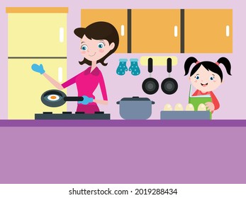 Kochen Ei Vektor Konzept. Happy kleine Mädchen Cartoon Charakter Kochen Eier mit ihrer Mutter in der Küche
