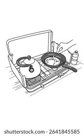Cooking eggs and boiling water on a portable stove line art