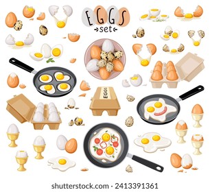 Cooking eggs color vector icon big set. Nutrient food ingredients illustrations pack isolated on white background. Creative design