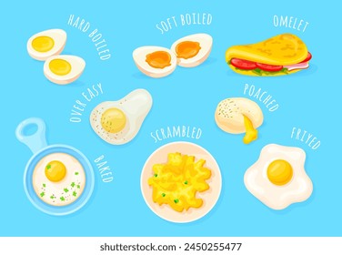 Cooking eggs method. Chicken egg preparations cook ways, fried baked soft or hard boiled scrambled omelette poached with salt for gourmet various methods, neat vector illustration of cooking breakfast