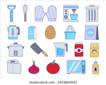 Cooking Elements Illustration Collection: A collection of colorful illustrations depicting various cooking elements such as ingredients and cutlery.