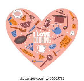 Cooking elements. Kitchen utensils heart framed, restaurant and home tools, food preparation accessories, chef equipment, vector concept.eps
