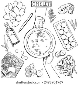 Cooking Elements Set for Omelet Food Making. Hand Drawn Recipe Vector Illustration