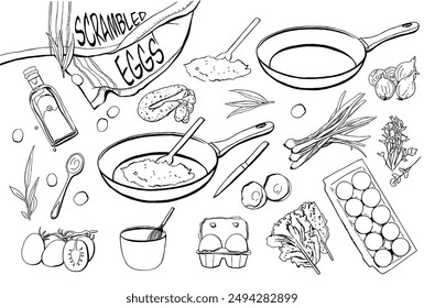 Cooking Elements Set for Scrambled Eggs Making. Hand Drawn Vector Illustration