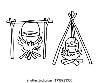 Cooking equipment for the hike. Wooden structure and a tripod for a bowler hat. Vector outline hand drawn illustration in doodle style.