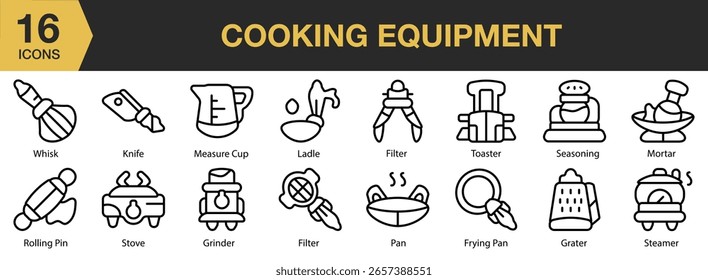Conjunto de ícones de Equipamento de cozinha. Inclui cozinha, equipamentos, cozinha, comida, panela e muito mais. Contornar coleção de vetores de ícones.