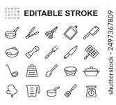 Cooking equipment icon set, Made in thin lines. Contains icons such as frying pan, knife, pan, cutting board and many more.